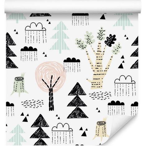 Carta da parati con tema natura, alberi e nuvole per soggiorno e camera da letto, 50x1000 cm (1/5)