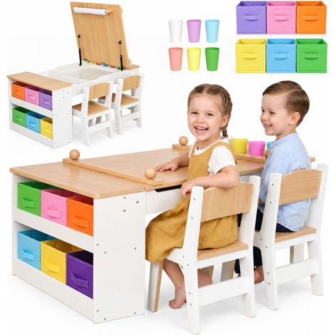 Escritorio infantil multifuncional de madera MDF - Mamabrum - MAM305 Escritorio - 2 sillas ergonómicas - Rollo de papel integrado (1/5)