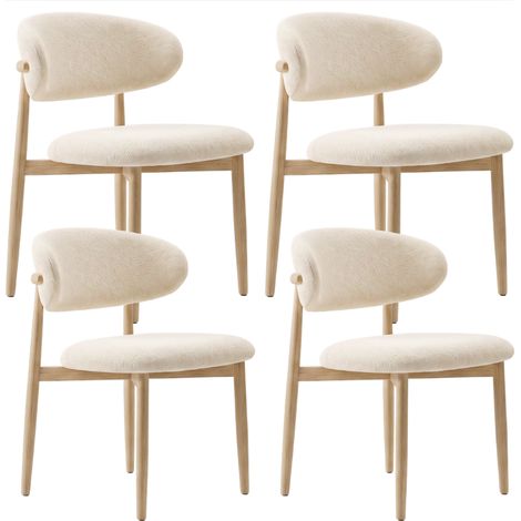 Lot de 4 chaises de salle à manger Lulu - Tissu Chenille Déperlant Blanc Cassé / Pieds finition Chêne (1/5)
