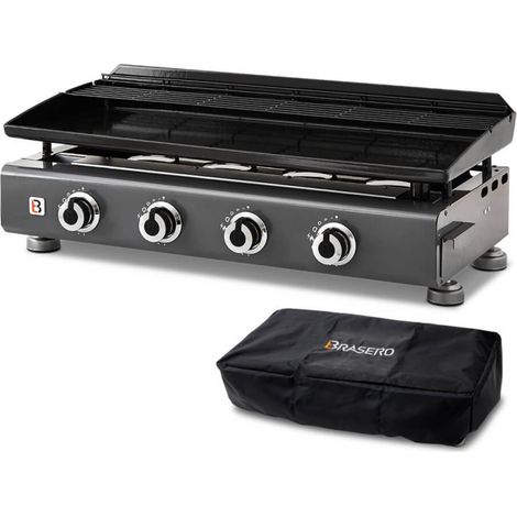 BRASERO BY FAVEX – Plancha gaz Silvia IIG Gun Metal 4 feux – 7,5 kW – Plaque acier émaillé 5 mm – 84 x 34 cm – Jusqu'à 12 convives – Housse incluse