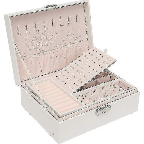 Boîte à bijoux double couche en bois et cuir avec fermeture à glissière, boîte à bijoux pour boucles d'oreilles (taille : blanc) (1/5)