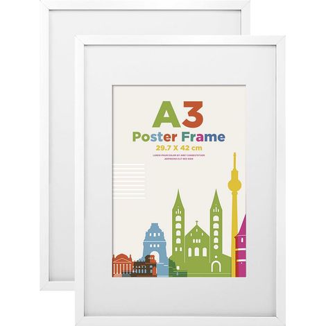 Cadres photo A3 Lot de 2, Cadres photo en bois composite avec plexiglas - Horizontal ou vertical pour accrochage mural ou décoration de table, blanc (1/5)
