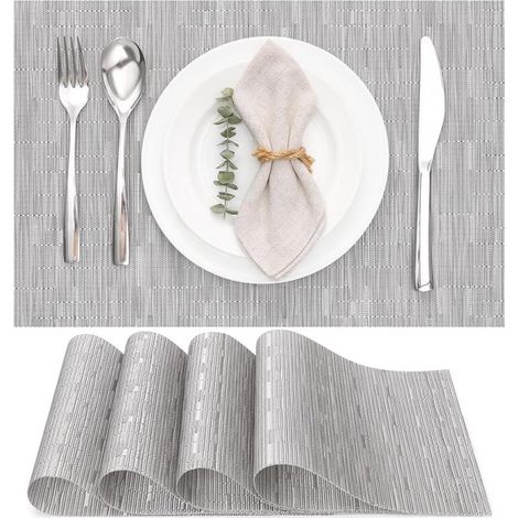 Set di 4 tovagliette intrecciate, lavabili e resistenti all'olio, per cucina o tavolo da pranzo, resistenti al calore e antiscivolo, 30 x 45 cm, grigio. (1/5)