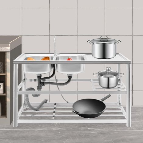 Edelstahl Spüle mit unterschrank Küchenspüle Doppelbecken Deluxe Spültisch, 120x45x80cm Freistehende Spülbecken Gewerbliche mit Abflusseinheit & Wasserhahn, Komplettes Set