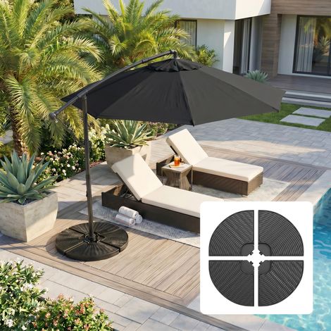 Lot de 4 dalles lestage parasol déporté 100x100x8 cm HDPE aspect rotin noir, stabilisateur pied de parasol. (1/5)
