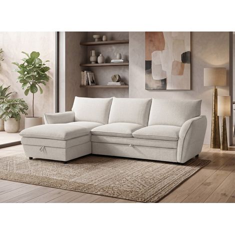 Canapé d'angle convertible avec coffre en tissu beige CAPUCINE - (1/5)