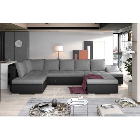 Canapé panoramique GYOVANI gris et noir angle droit convertible pieds métal (1/2)