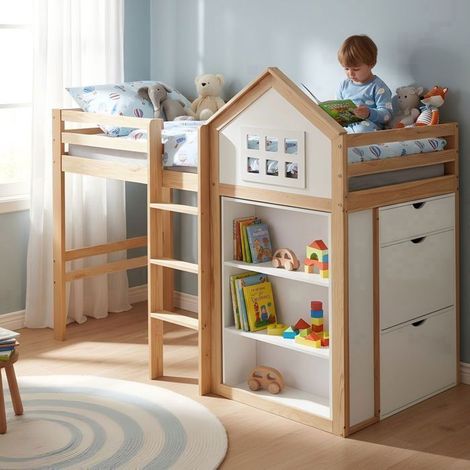 Lit Mezzanine Enfant 90x200cm avec Étagères et 3 Tiroirs - Lit Enfant - Forme Cabane Escalier Sécurisé Pin Massif Blanc Naturel (1/5)