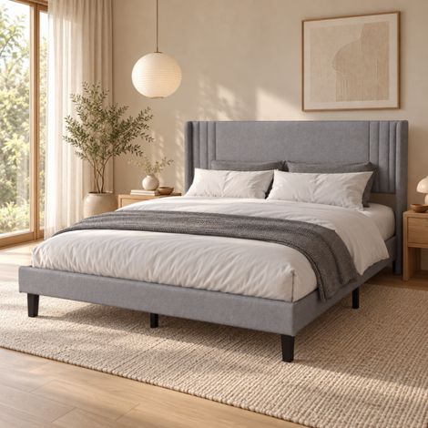 Lit 140x200 Double pour Adultes, lit deux personnes, lit capitonné, Lit rembourré 2 places en lin, gris, MDF, sans matelas, mobilier de chambre moderne (1/5)