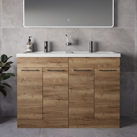 Napoli 390 Tobacco Oak 1200mm 4 Door Vanity Unit with Double Lucia Basins - 1200mm - Gunmetal Grey 160mm Handle
