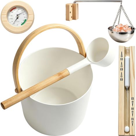 Seau de sauna avec louche, seau de sauna en aluminium de 7 l avec louche, ensemble d'accessoires de sauna, seau à infusion 5 pièces avec sablier, bol de sauna, truelle de sauna, thermo et (1/5)