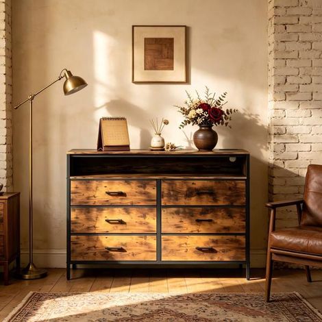 Commode 6 tiroirs tissu non tissé, étagères, bande LED + module alimentation (USB, Type-C, 2 prises). Structure panneaux P2 & tubes fer. Dim. 114×30×87 cm. Bois pourri. (1/5)