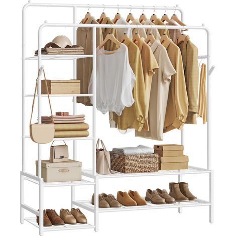 SONGMICS Stand Appendiabiti, Guardaroba Aperto, 7 Ripiani Portaoggetti, Struttura in Metallo, Barre Appendiabiti, Camera da Letto, Soggiorno, Ingresso, Bianco HSR182WG01 (1/5)