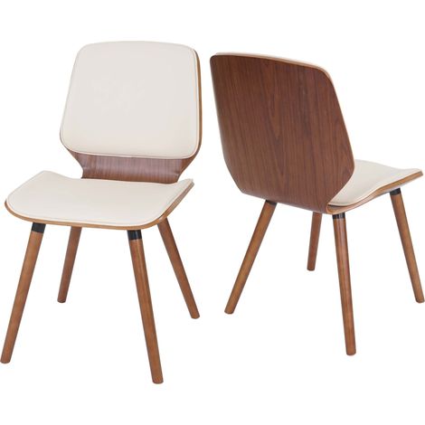 2er-Set Esszimmerstuhl HHG-094, Holz Bugholz Retro-Design Walnussoptik, MVG-zertifiziert Kunstleder creme