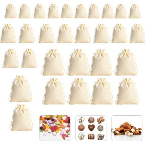 Set di 30 sacchetti in lino con coulisse, disponibili in 3 misure (10 sacchetti per misura). Sacchetti regalo/contenitori in lino. Piccoli sacchetti in tessuto. (1/5)