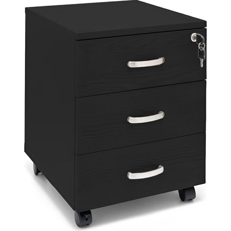 Marvin Cassettiera Ufficio In Legno Chiave Sicurezza Con Ruote Per Scrivania Tavolo 3 Cassetti Ripiani Nero