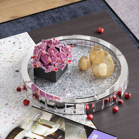 Plateau d'Art Luxueux en Miroir avec Diamants Brisés Argentés - Design Élégant et Glamoureux (1/5)