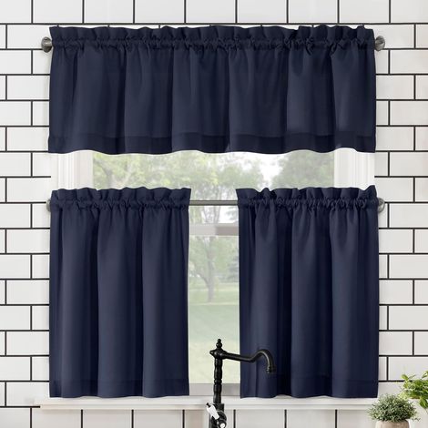 Ensemble de rideaux de cuisine, semi transparents, en polyester, 137 x 91 cm, bleu marine (1/5)