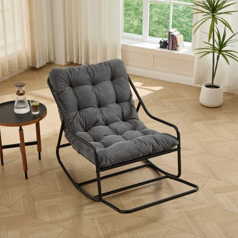 Fauteuil à bascule d'extérieur, coussin confortable et épais, idéal pour le salon, la chambre ou le coin lecture. Structure noire et coussin gris. (1/5)