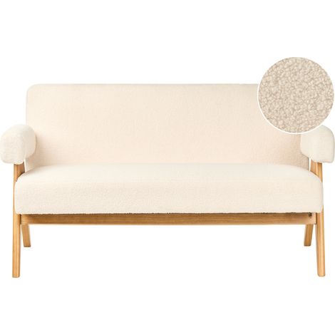 Sofá 2 plazas retro salón tapizado de bouclé patas de madera blanco crema y marrón claro Tamre