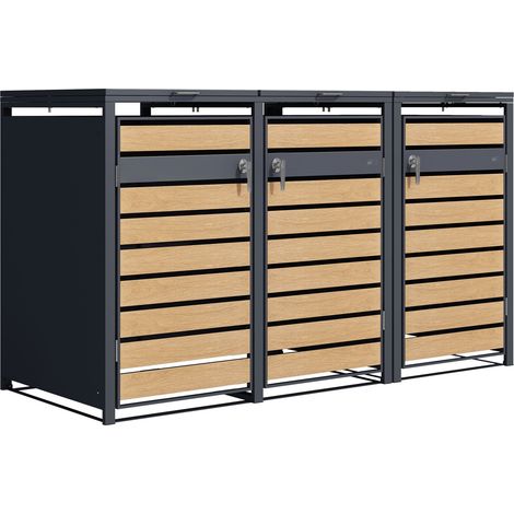 Axi Lucas Cache Poubelle Métallique Anthracite/Aspect Bois - Abri Poubelle Pour 3 Conteneurs - Max. 240L - Abri Poubelle Extérieur Avec Excellente Ventilation