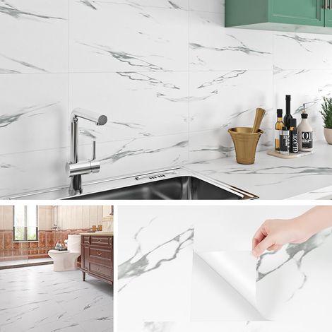 Adhesive pour Cuisine Effet Marbre Gris Clair Carrelage Adhesif Mural Salle de Bain 60x30cm Dalle PVC Adhesive Murale Blanc Lavable Dalle PVC Adhesif Sol Salon Chambre, 4 Dalles (1/5)