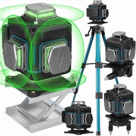 BUNTHAUS 4 x 360°-Laser-Nivelliergerät, 3D-Laser-Nivelliergerät mit 16 Linien, selbstnivellierend, 2 x 2400 mAh Akkus, grünes Laserlicht, wasser- und staubdicht, Laser-Nivelliergerät mit Fernbedienung
