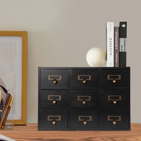 Medizinschrank Holz mit 9-Schubladen Apothekerschrank, Schreibtisch Schublade Organizer, Kräuter Aufbewahrungsbox, für Wohnzimmer, Kommode, Küche, Büro usw, 38 9.5 26cm Schwarz (1/5)