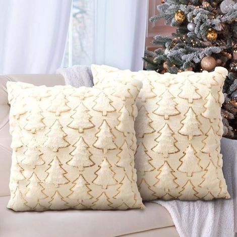 Housse de Coussin 2pcs 40x40cm, Arbre de Noël Taies d'oreiller Décoratives Housses de Coussin de canapé en Peluche pour la Décoration de Salon Chambre Chaise Canapé Lit (Style A, Beige) (1/3)