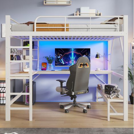 Letto a soppalco 160/200 cm bianco con scrivania, LED, prese USB e Type-C (1/5)