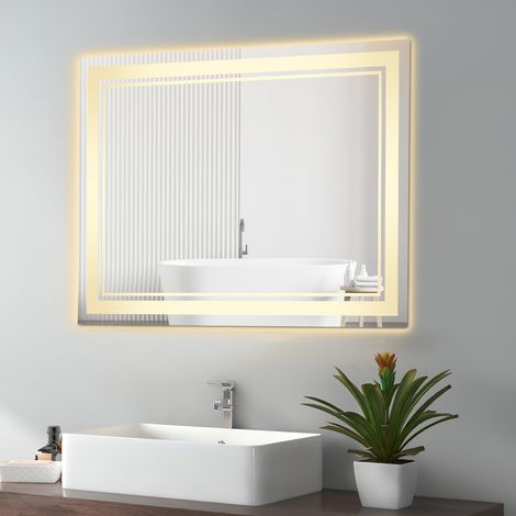 70x50cm Miroir-LED-Salle-de-Bain-avec-Éclairage, 3 Couleurs Lumière Wand-Badezimmerspiegel, Gradable, IPX4, Horizontal/Vertical (1/5)