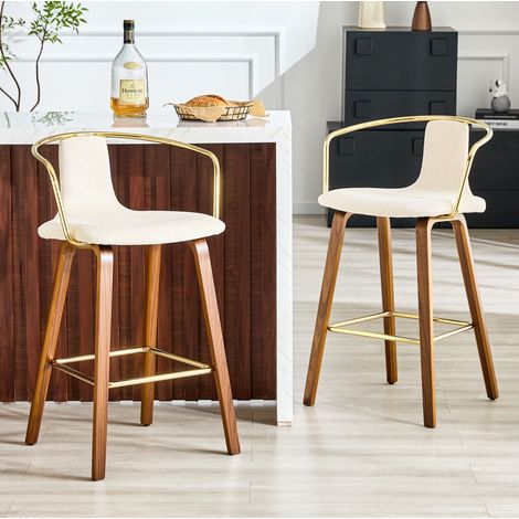 Juego de 2 taburetes de bar, diseño escandinavo, con reposabrazos curvados, asiento acolchado, madera blanca (1/5)