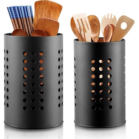 Égouttoir à couverts noir en acier inoxydable – Lot de 2 porte-ustensiles – Dimensions 17,8 cm et 16,5 cm – Organisateur de cuisine élégant (1/5)