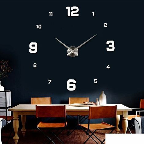 DIY Wall Clock, DIY Modern Mute Large Wall Clock Sticker 3D Home Office Decor Gift （Size 90CM-1.8M Self-adjusting Size） (Silver) (1/4)