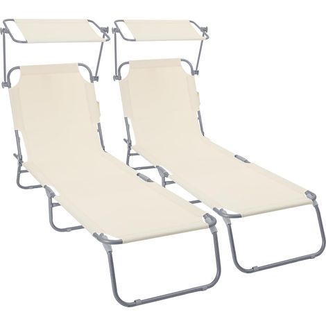 Lot de 2 Chaise Longue avec Pare Soleil Bain de Soleil Pliable Tissu Polyester Inclinable 4 Positions Transat Charge Max 120KG pour Jardin Terrasse Piscine Plage Camping Beige (1/5)