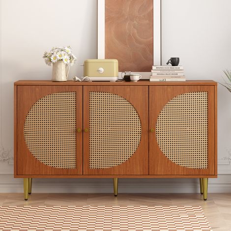 MEUBLIV Aparador de 3 puertas efecto ratán nogal 129,8 x 40 x 76 cm con estantes ajustables (1/5)