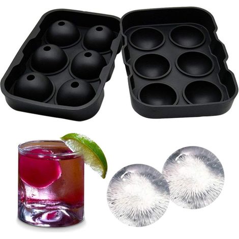 Moule à glaçons sphériques noir (6 pièces) - Plateau en silicone avec couvercle, compatible lave-vaisselle, pour whisky et cocktails (1/5)