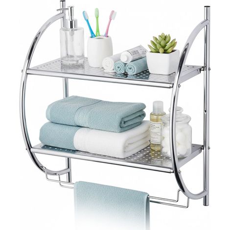 Relaxdays Badregal, Wandregal mit 2 Ablagen, 2 Handtuchstangen, HBT 54,5 x 44,5 x 25,5 cm, Badezimmer, Edelstahl, silber