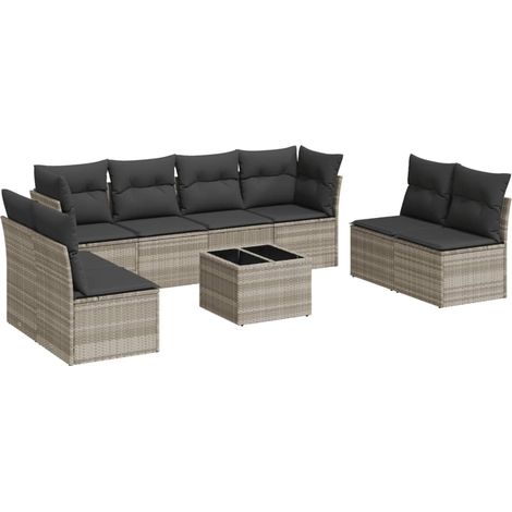 Set muebles jardín 9 pzas y cojines ratán sintético gris claro vidaXL (1/3)