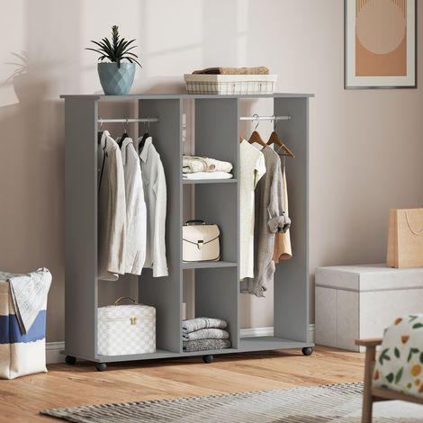 Armoire penderie meuble de rangement mobile 6 roulettes 120 x 40 x 128 cm en bois gris