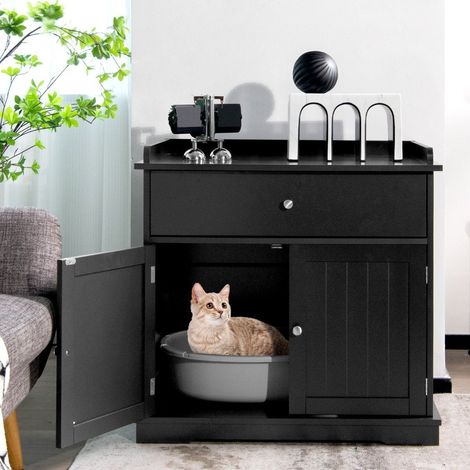 Katzenhaus mit schublade und 2 turen 3 in 1 katzenhaus katzentoilette beistelltisch schwarz
