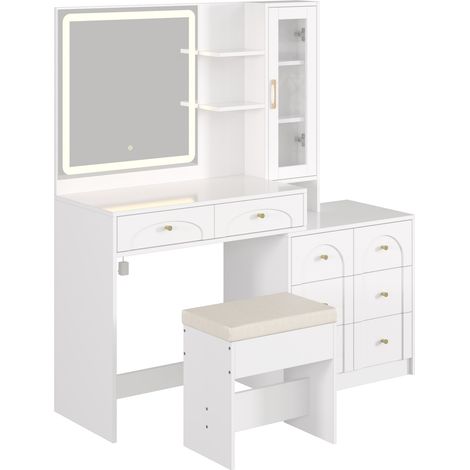 Coiffeuse moderne blanche avec miroir LED, 8 tiroirs, vitrine en verre et tabouret - 131,5 x 40 x 140 cm (1/5)