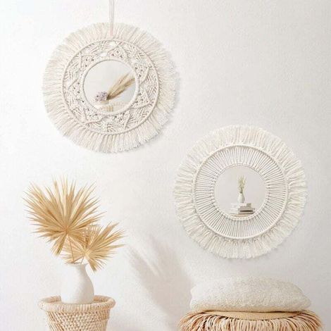 Set of 2 Round Macrame Wall Mirrors with Fringe, Hanging Pendant Mirrors, Boho Decor Art Ornament for Apartment, Home, Bedroom, Living Room (Beige, 2 Pieces)