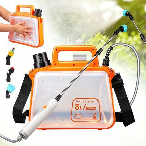 Pulvérisateur Électrique 8L avec Poignée Étanche, Batterie Lithium 2500mAh, 3 Buses & Lance Télescopique, Réservoir Pliable Orange – Traitements Phytosanitaires & Engrais Liquides (1/5)