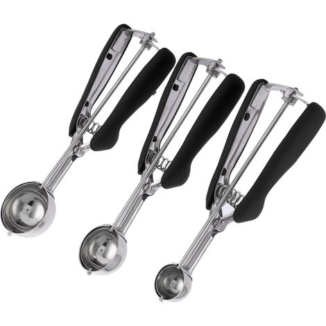 Set mit 3 Eiskugelportionierern aus Edelstahl, Kekslöffeln, schwarzen Eiskugelportionierern (1/5)