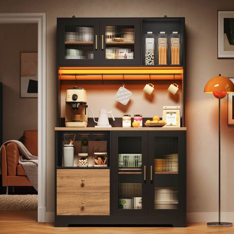 Buffet de cuisine haut LED RGB avec prises 110x40x178cm,4 portes en verre trempé,meuble bar avec 2 USB et casier à vin,MDF,noir (1/5)