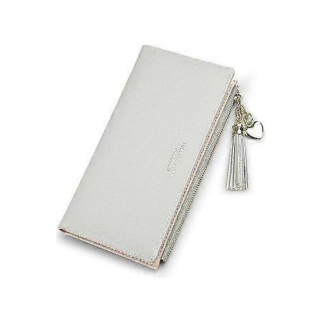 Schmale Geldbörse für Damen, dünne Leder-Clutch mit Reißverschluss, Handytasche, Kartenhalter, Organizer mit Quaste (Grau)