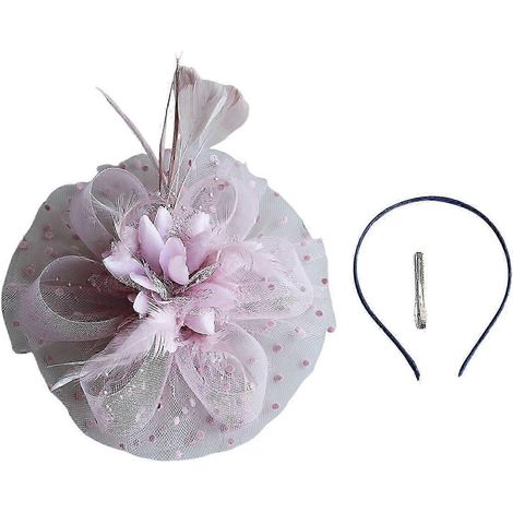 Chapeau haut-de-forme décoratif en résille à plumes, bandeau, accessoire de coiffure pour femme, motif floral à pois-Pink (1/5)