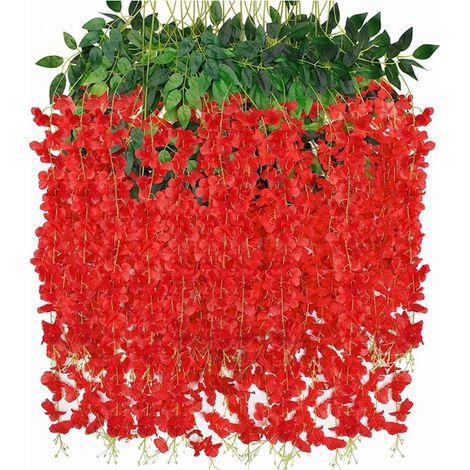 Fleurs de glycine simulées, fleurs de glycine simulées rouge, plantes artificielles simulées (12 pièces/paquet), suspendues (1/5)