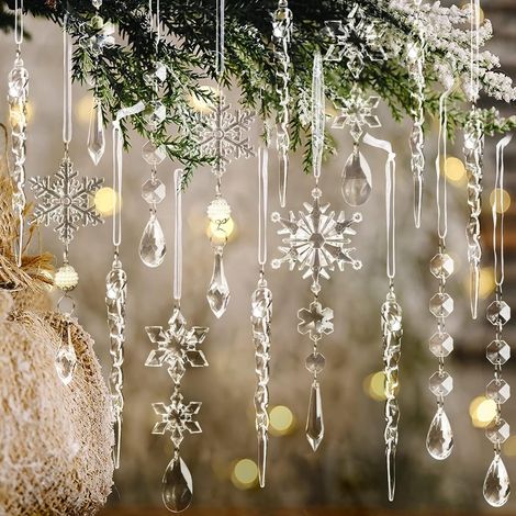 18-teiliges Set Kristall-Weihnachtsbaumschmuck – Hängende Acryl-Weihnachtsschneeflocken-Eiszapfen-Tropfen-Kristallornamente für Weihnachtsbaum, Winter- und Neujahrspartys (1/5)